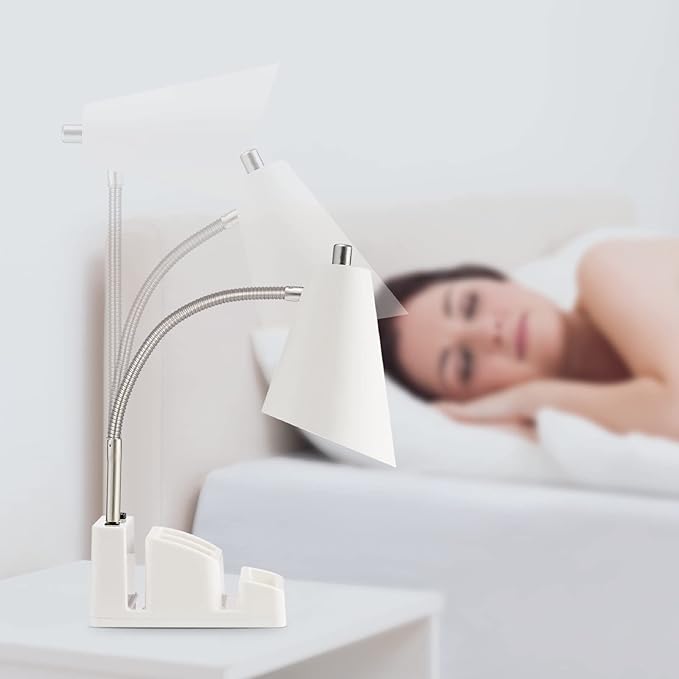LED Desk Lamp with 1 USB Charging Port and 1 AC Outlet, Organizer Base, Adjustable Neck, On/Off Switch, Modern Table Lamp for Reading, Working, Studying, Gentle Warm White Light, Eye Protect