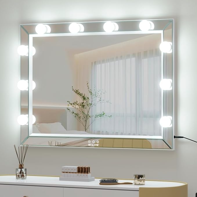 BEAUTME Large Hollywood Vanity Mirror with 10 pcs Dimmer Bulbs, 3 Lighting Modes, Smart Touch Control, Tabletop Mirror/Wall Mounted LED Mirror Home Decor for Bedroom, 31.5×24 inch