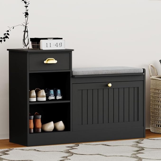 Shoe Storage Bench, Modern Wooden Shoe Cabinet with Flip Drawer and Adjustable Shelf, Entry Way Bench with Padded Seat Cushion for Entryway, Hallway, Living Room,Black