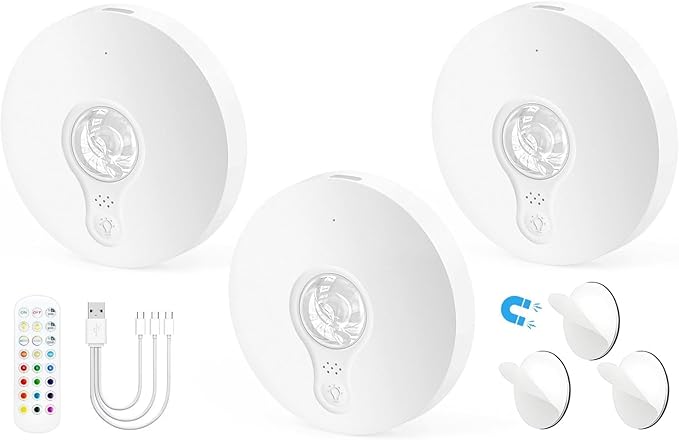 Rechargeable Puck Lights with Remote, 3 Pack Magnetic Under Cabinet Lighting, 1500mAh Battery Operated LED Tap Lights with Dimmer & Timmer for Kitchen, Closet, Shelf - 3 Color Temps & 12 RGB, White