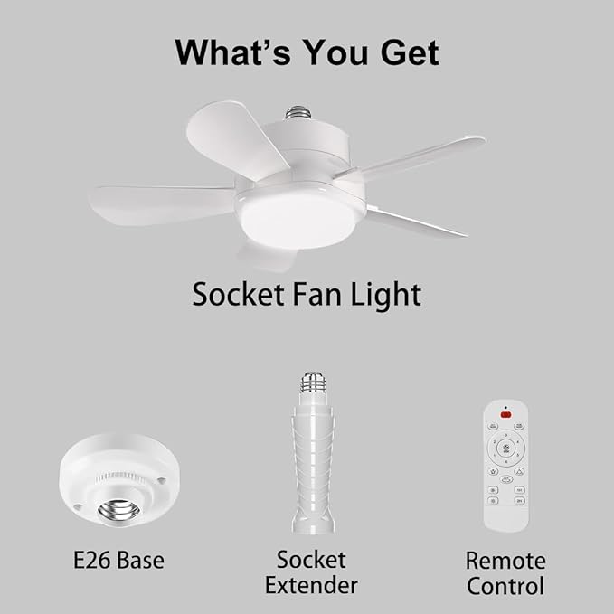 Ligency 16" Smart Socket Fan Light with Alexa - Screw-in Small Ceiling Fan with Remote, RGBW & 3000-6500K Dimmable, 6-Speed Reversible Quiet Motor, E26/E27 Base Fan for Bedroom, Garage, White