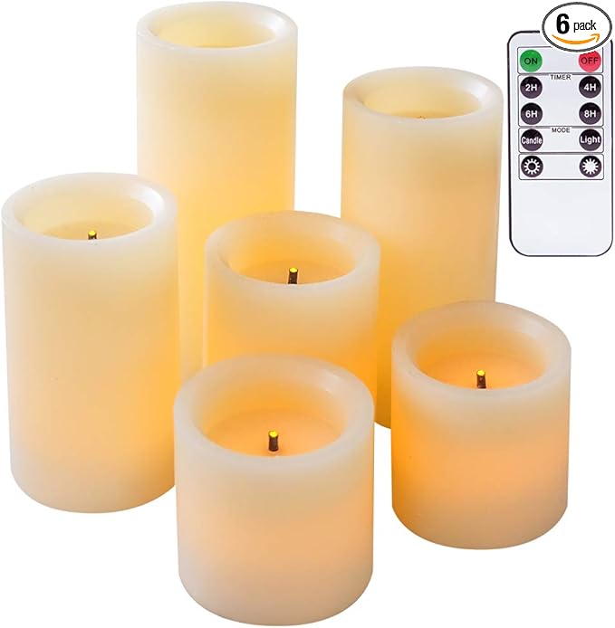 Wondise Flameless Flickering Candles with Remote & Timer, Battery Operated Real Wax with Optical Fiber Wick 6PCS LED Candles for Thanksgiving Christmas Home Holidays Decoration(D3 x H3 4" 5" 6" 7")