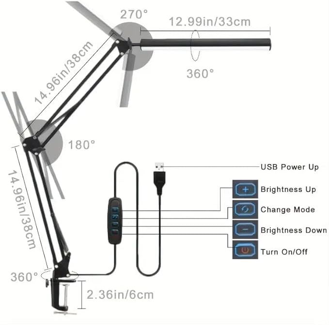 HDView LED Desk Lamp with Eye-Caring 3 Modes 10 Brightness, Adjustable Swing Arm Long Flexible Lamp for Office Workers and Students, USB Port
