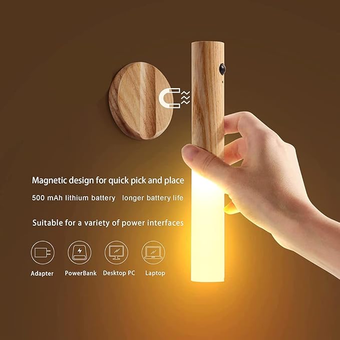 Wooden LED Night Lights Motion Sensor Indoor Magnet Body Rechargeable Wall Mounted Torch Light for Bedroom, Hallway, Stairway and More(White Ash Wood 2PCS)