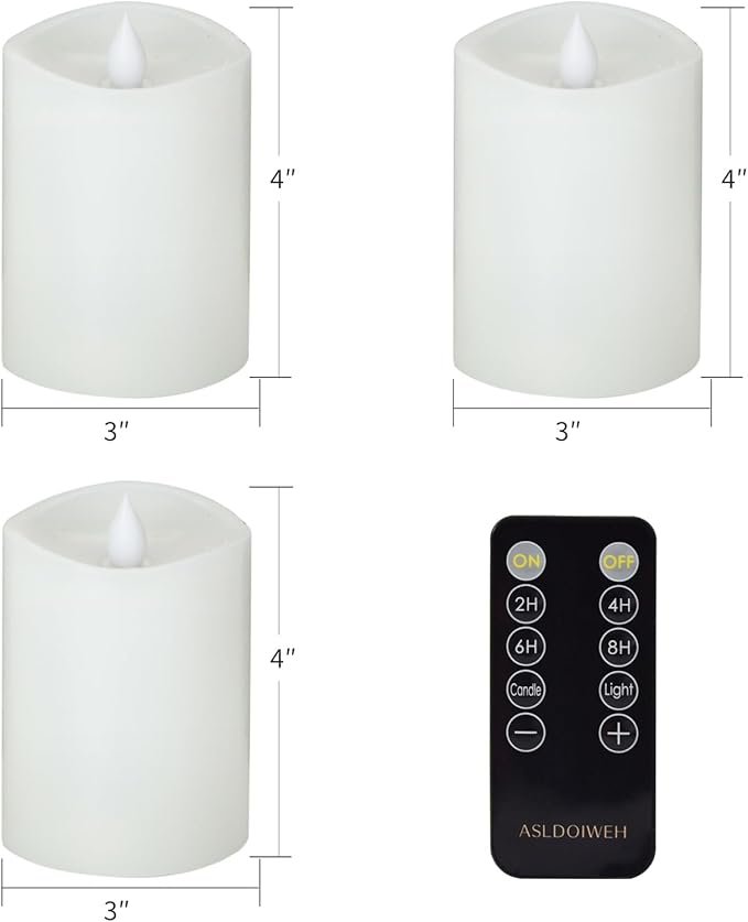 3″x4″ Flickering Flameless Candles Set of 3, 2AA Battery Life 600 Hours Battery Candles Flickering with Timer,4 inch Flameless Candles with Remote for Indoor/Outdoor, White