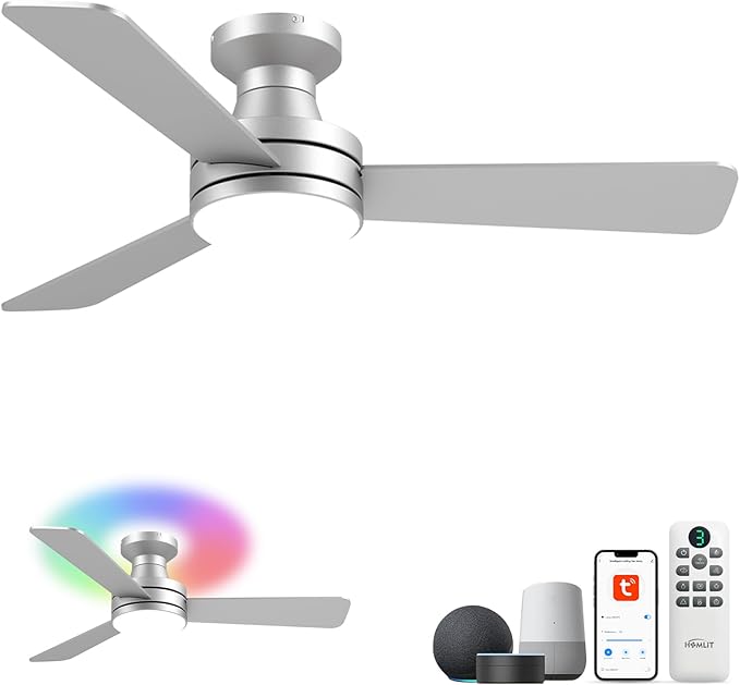 42" RGB Ceiling Fan with Light, Music Sync Smart Fan with Alexa/Google/App Control, Low Profile Flush Mount, 6-Speed Quiet DC Motor, 4 CCT Dimmable Lighting for Bedroom Living Room, Silver