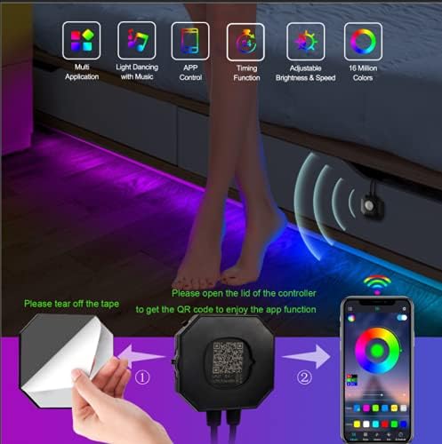 Motion Activated Under Bed Lights, 9.84ft 5050 RGB Color Changing LED Strip Lights with Sensor, APP Control and Music Sync, Dimmable Night Light for Bedroom Stair Birthday' s Day Gift
