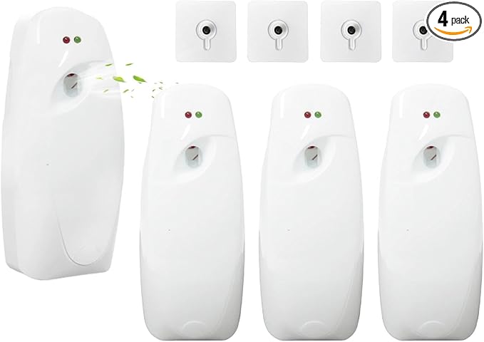 4PCS Automatic Air Freshener Spray Dispenser, Wall Mounted or Free Standing Battery Operated Sprayer for Bathroom Multiple Time Scent Mist Release Settings for Room Restroom Sprayer (White, L)