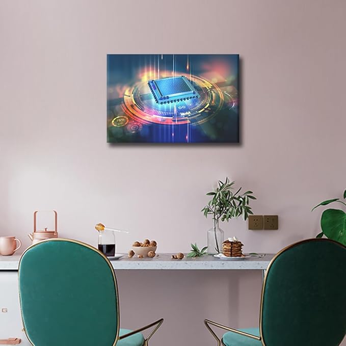 House Decorations Digital Cyber Space Wall Pictures for Living Room CPU Concept Canvas Wall Art Internet Concept Modern Wall Painting 1 Panel Prints Wall Art on Canvas Framed Ready to Hang, 18x12in