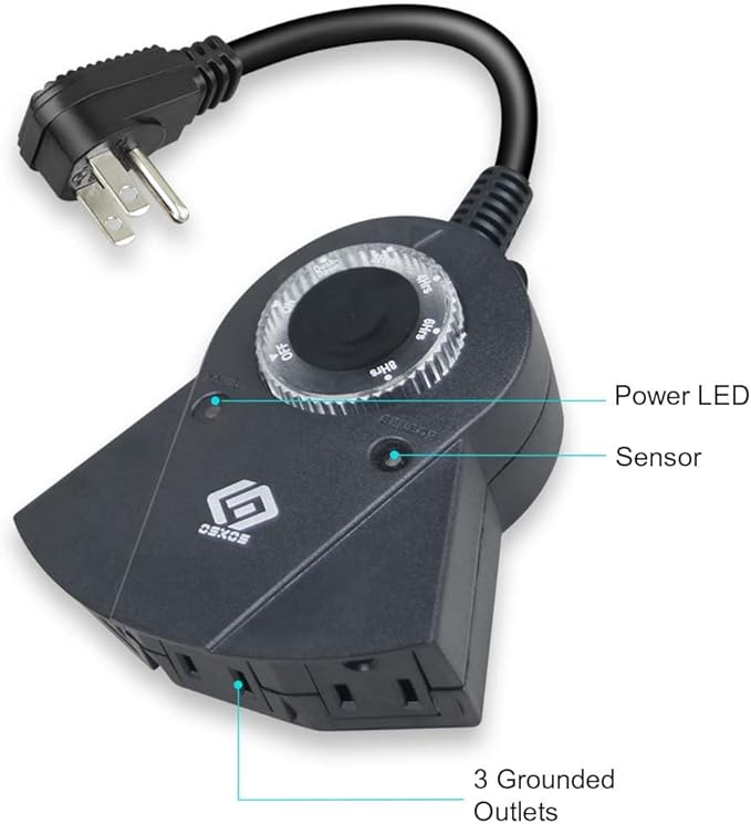 24-Hour Outdoor Light Timer – Water-Resistant, Photocell Dusk to Dawn Sensor, 2/4/6/8-Hour Countdown Timer, Three Grounded Outlets – Ideal for Home, Christmas Lights, Garden – 15A, UL Listed