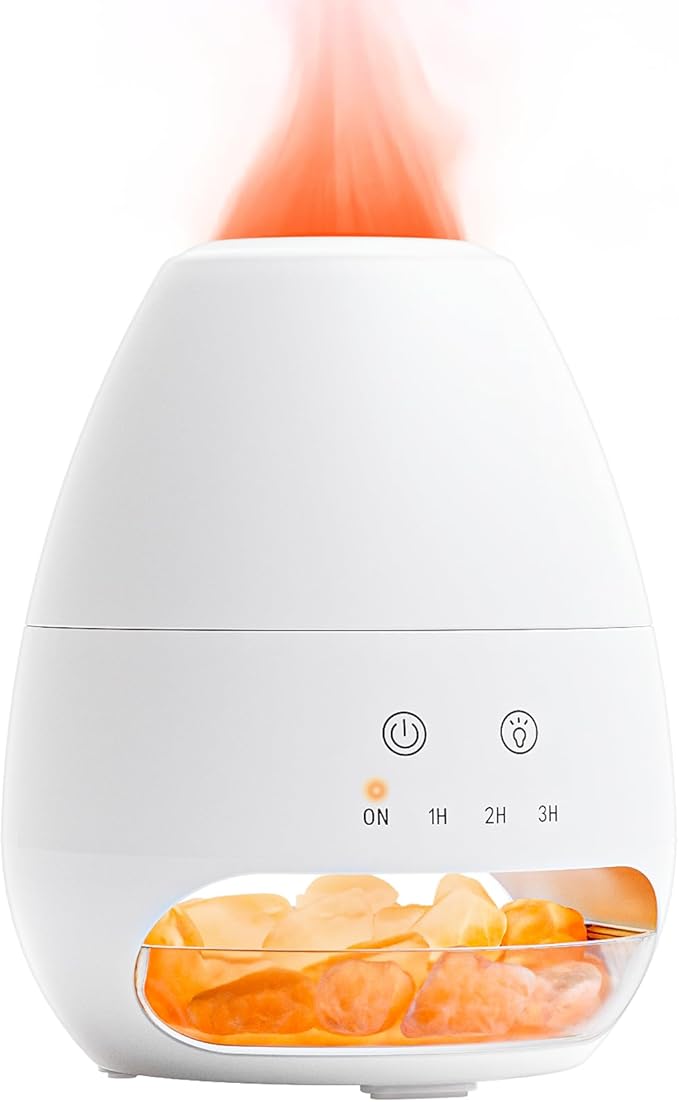 Ultrasonic Essential Oil Diffuser with Himalayan Salt Rock,Flame Diffuser with 2 Color Light,Aromatherapy Oil Diffuser with Auto Off Function for Home, Office,Spa,100ML