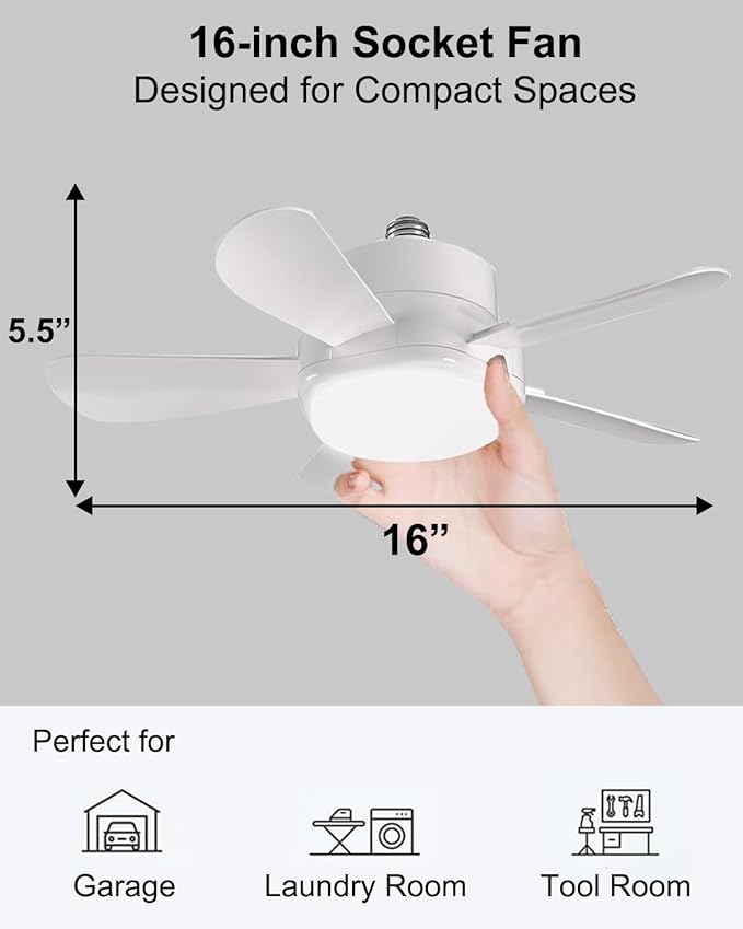 Ligency 16" Smart Socket Fan Light with Alexa - Screw-in Small Ceiling Fan with Remote, RGBW & 3000-6500K Dimmable, 6-Speed Reversible Quiet Motor, E26/E27 Base Fan for Bedroom, Garage, White