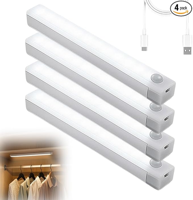 Punch-Free Smart Sensor Magnetic Rechargeable LED Lights, 2026 Upgraded Lntelligent Motion Sensor Light Strip, 3 Colors-Dimmable, Under Cabinet Lighting Wireless (4, Warm Light, 10cm/3.9in)