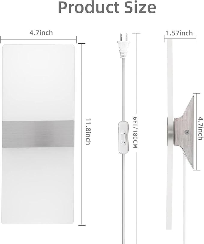 KICAAO Wall Sconces, Modern Wall Sconce Plug in 10W 6000K Cool White Acrylic Wall Lights with 6FT/180cm Plug in Cord and On/Off Switch on The Cord (1 Pack)