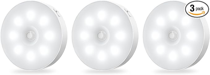 Under Cabinet Light Motion Sensor - Rechargable Closet Puck Lights, Stick on Night Lighting Magnet, Under Counter Lights Kitchen, LED Montion Sensor Light, Wireless Locker Nightlights 3-Pack