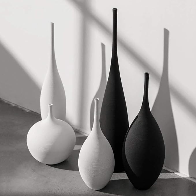 White Black Ceramic Vase Set, Modern Minimalist Ornaments Living Room Home Decor Decoration,Set 1(A+B+E)