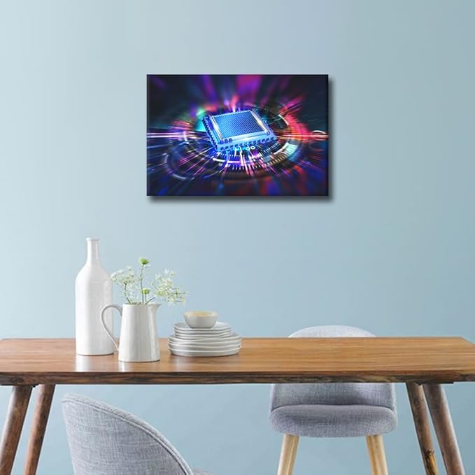 TUMOVO Glowing CPU Wall Art for Living Room CPU Concept Wall Decor Digital Age Framed Wall Painting AI Canvas Prints Pictures House Decoration for Bedroom Modern Artwork Office Wall Art, 18x12in