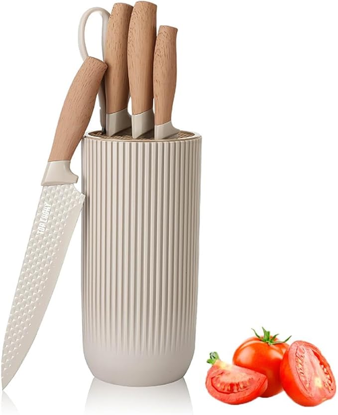 Knife Set, Wiztoynia 6-Piece Khaki Kitchen Knife Set for Home, Anti-Rust Non-stick Stainless Steel Sharp Chef Knife Sets with Universal Knife Block for Kitchen, Ergonomical Design (Khaki)