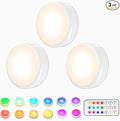 HELPLEX LED Puck Lights with Remote, 3 Pack Color Changing RGBW Stick-On Light, Battery Powered, Dimmable Under Cabinet Lighting with Timer & Memory, Wireless Push Lights for Kitchen & Closet