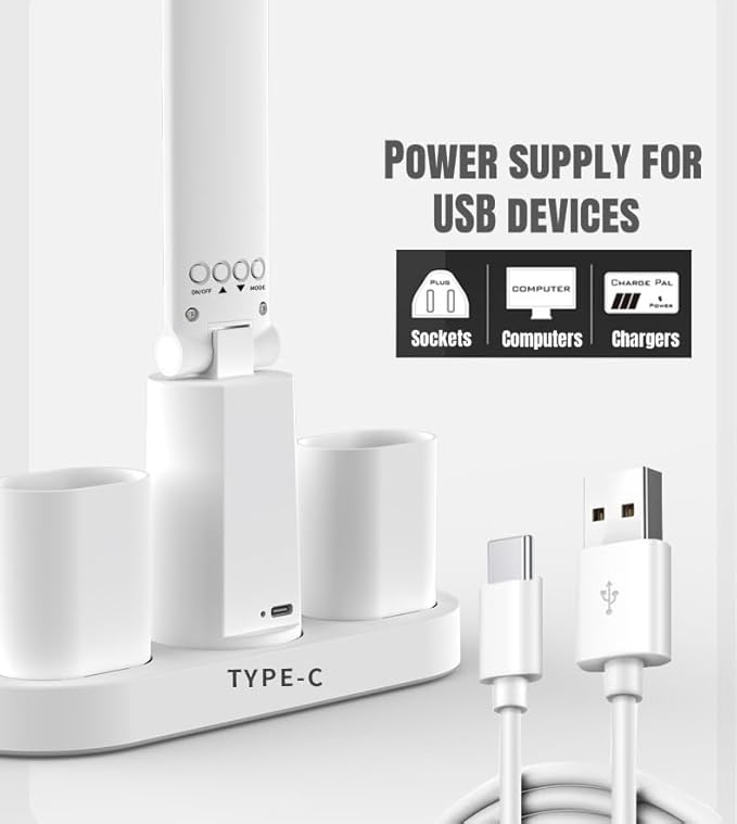 HURRISE Desk Lamp LED, LED Desk Lamps with Fans, Eye Care Foldable Touch Control Round USB Charging 3 Color Temperature Stepless Dimmable 3200mAh Clock Table Lamp with Fan Pen Holder