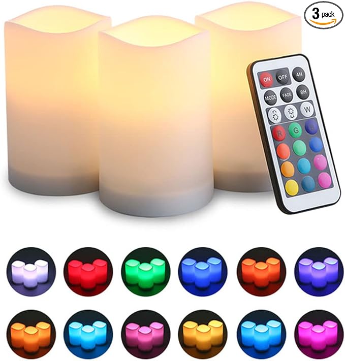 LED Flickering Flameless Candles with Color Changing, Remote Control and Auto-Off Timer, 100 Hours Working Time, Battery-Operated.Multi-Color