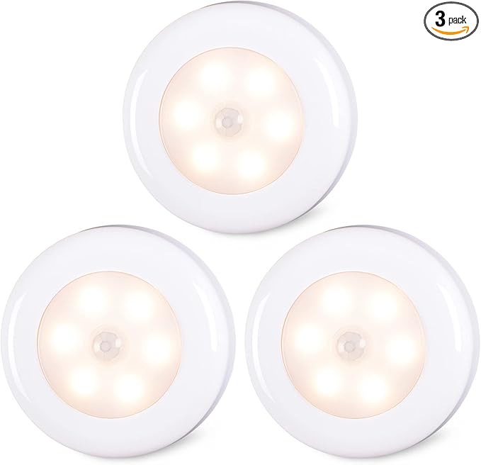 STAR-SPANGLED 3 Pack 2.8” Motion Sensor Lights Indoor AAA Battery Operated, Stick on LED Puck Light for Stairs, Under Cabinet, Closet, Warm White