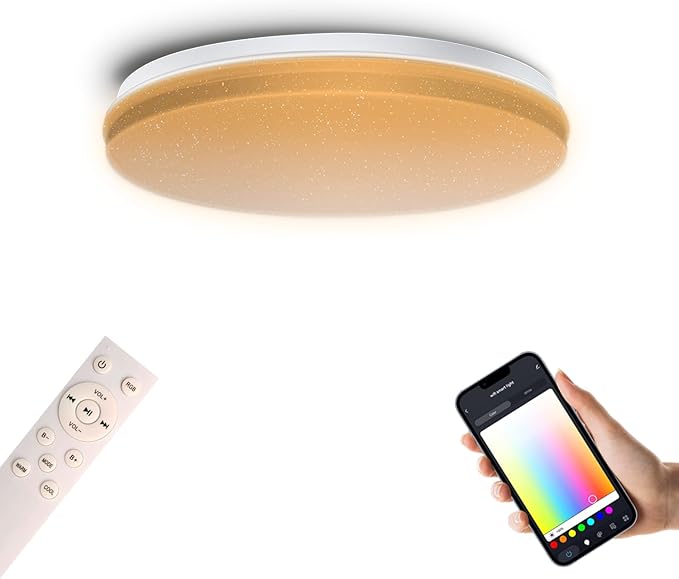 1-Pack, 12 inch Smart LED Music Ceiling Light with Bluetooth Speaker, Compatible with Alexa & Google Home, Color Changing RGB Dimmable Light for Living Room, Bedroom, Kitchen