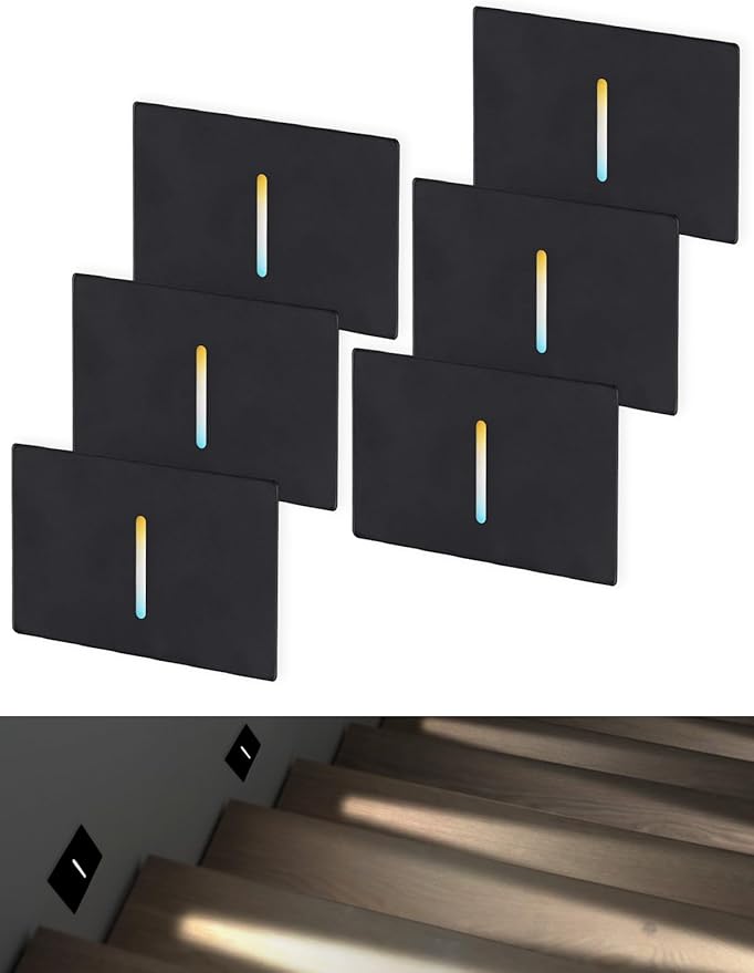 LEONLITE 5CCT 120V LED Step Light, Dimmable Pin Hole Stair Lights Indoor, Anti-Glare 30° Streamlined Lighting Effect for Staircase Bedroom, CRI90, 5 Color Temperature, ETL, Black, Horizontal, 6 Pack