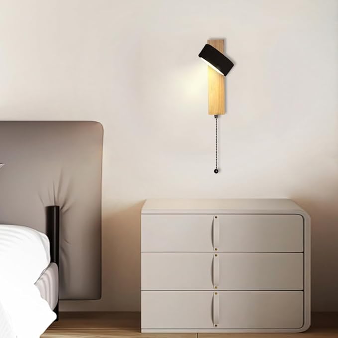 7W LED Black Travertine Wall Light, Wabi Sabi Style Wall Lamp, Natural Stone Wood Base Wall Sconce with Zipper Switch, Bedroom Living Room Balcony Wall Mounted Light Fixtures