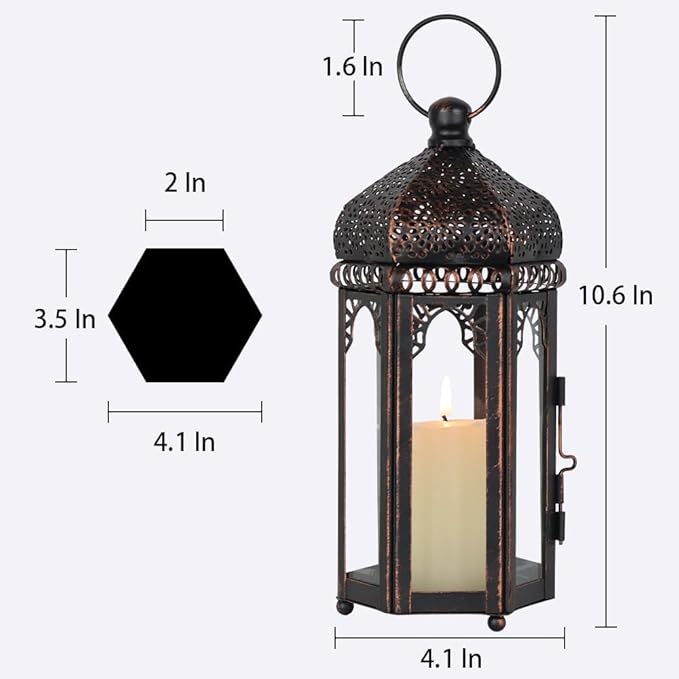 DECORKEY Vintage Medium Size Lantern Decorative Indoor & Outdoor, Moroccan Hanging Lantern with Clear Glass, Metal Tabletop Candle Lanterns for Front Porch Patio Decor, Christmas Decorations