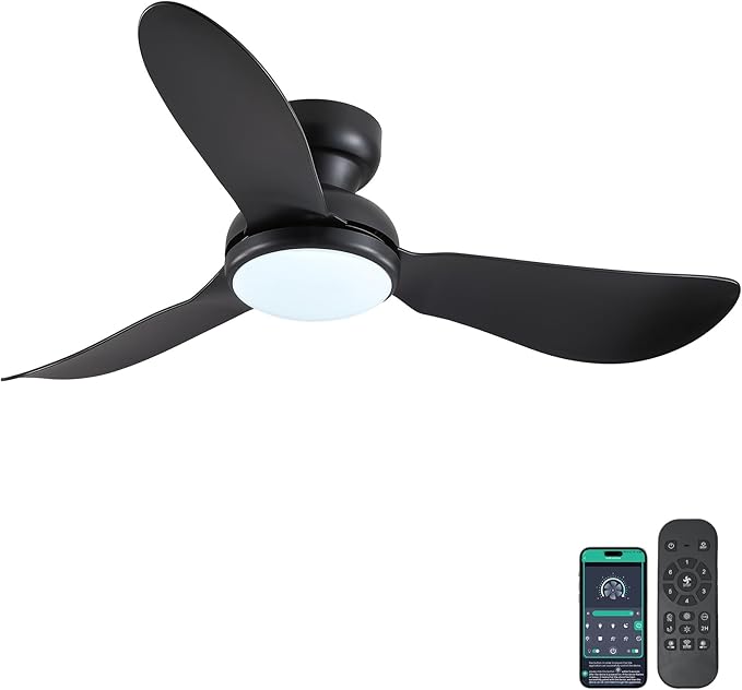 46 Inch Flush Mount Ceiling Fan with Light, 3 Reversible Blades, Remote & APP Control, 3 CCT Dimmable for Bedroom Living Room, Black
