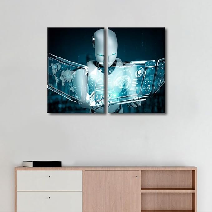 3 Pieces AI Intelligence Canvas Print Robot Wall Art Painting for Home Decor Big Data Analysis Paintings Stretched and Framed Giclee Minimalism Artwork for Living Room Decoration, 24" Wx16 H