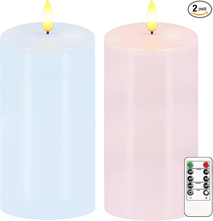 Pastel Flameless Candles, Set of 2 6"x3" Flickering Spring LED Candles with Remote & Timer, Dimmable Real Wax Easter Pillar Candles Battery Operated, Electric Candles for Home Spring Easter Decor