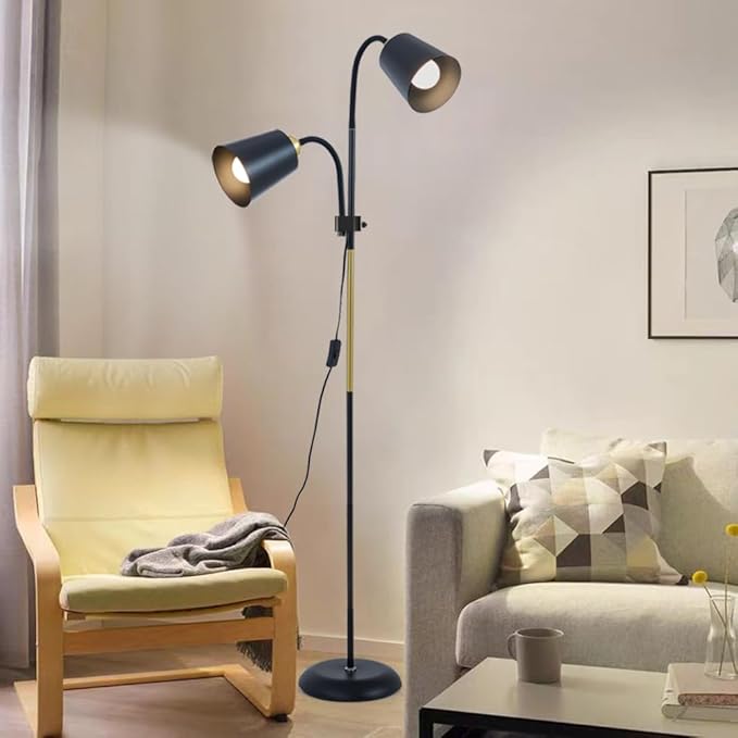 AoMck Floor Reading Lamp, Industrial Metal Floor Lamps for Living Room with Adjustable Bendable, 2 in 1 Reading Table Lamps for Living Room Bedroom Office, 12W Bulb Included (Black-2 Heads)