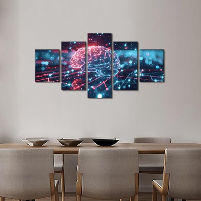 5 Panel Futuristic Technology Canvas Paintings Wall Art Digital Human Brain Picture House Decorations Bedroom Art Work for Wall Decor Living Room Kitchen Home Decor Frame Ready to Hang 60"Wx32"H