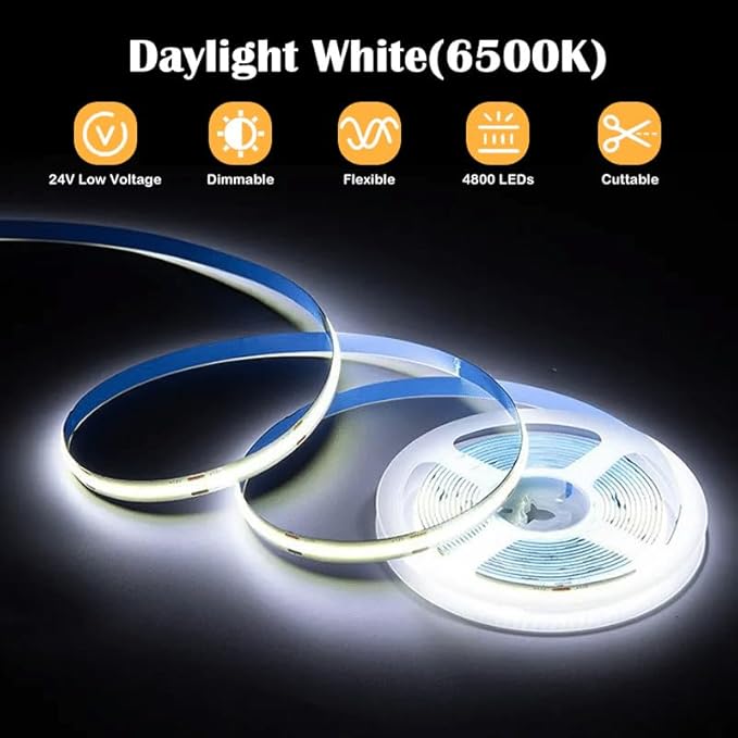 50ft Daylight White 6500K, COB LED Strip Light Kit, Linear Lighting Brightness Dimmble Strip Light ETL Listed with Remote for Bedroom Wall Cabinet Mirror Stair (AC/DC Adapter Included)