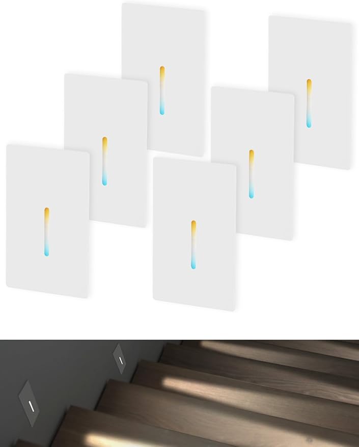 LEONLITE Indoor LED Step Light, 5CCT 120V Dimmable Pin Hole Stair Lights, Anti-Glare 30° Streamlined Lighting Effect for Staircase Bedroom, CRI90, ETL, White, Vertical, Pack of 6