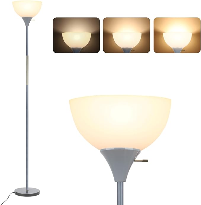 Floor Lamp, LED Standing Lamp 3 Way Dimmable Brightness Floor Lamp Rotary Switch Floor Lamps Modern Industrial Lamp with Shade, Tall Lamps for Living Room Bedroom Office Dining Room (Grey)