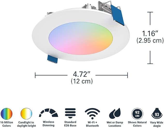 HALO HLB4069WZRGBWMWR 4” Smart Wi-Fi Slim Canless LED Downlight Powered by WiZ Pro, Dimmable Full Color with Smart Home Integration| (Pack of 4)