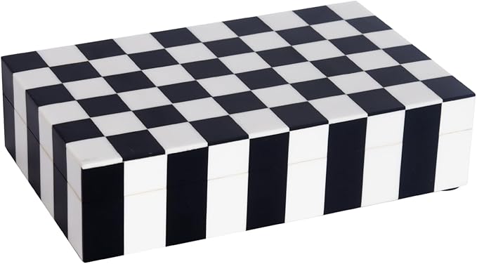 Handicrafts Home Small Decorative Storage Box with Lid, Black and White Keepsake Box, Decorative Trinket Box for Jewelry, Desk Organizer, Coffee Table & Shelf Decor, Puzzle Check - 8 x 5 x 2 Inch