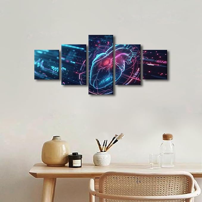 5 Panel Heart-shaped Icon Canvas Painting AI Generated Wall Art for Living Room Bedroom Art Wall Decor Artificial Intelligence Heart Posters and Prints Ready to Hang for Home Decorations 50"Wx24"H