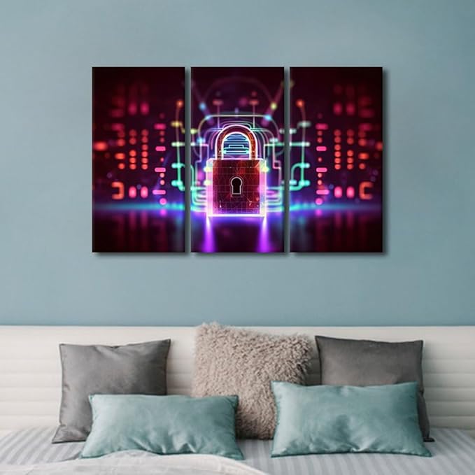 3 Panels Framed Wall Art Padlock on Technological Circuit Background with Neon Lights Picture Prints on Canvas Artwork for Home Wall Decorations, Wooden Framed Ready to Hang, 36" Wx24 H