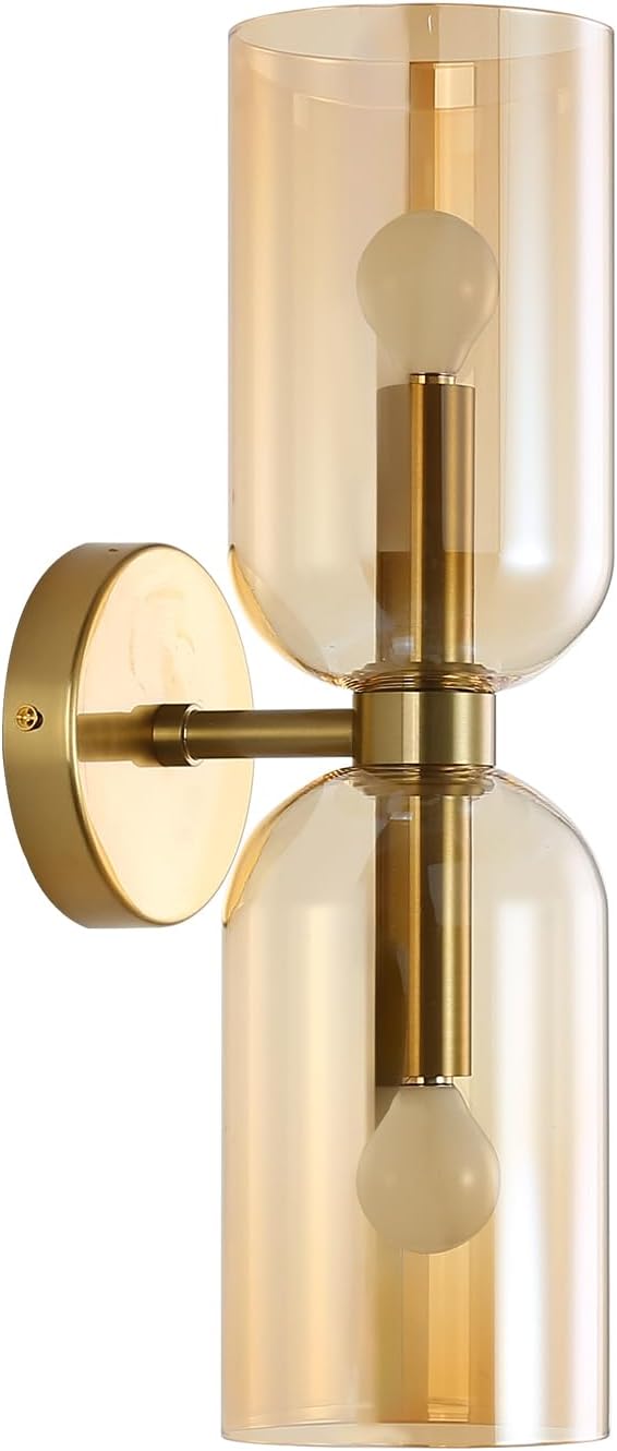 Minimalist 2-Light Gold Wall Sconces with Cylinder Glass Shades- Mid Century Vanity Wall Double Lights Hardwired- Modern Indoor Glass Wall Mounted Art Decor Lights (Amber, 1 Pack)