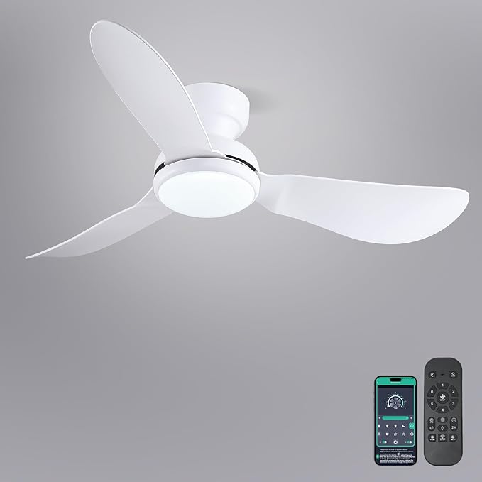 46 Inch Ceiling Fans with Lights, Small Flush Mount Ceiling Fan, Remote/APP Control, 3 Reversible Curved Blades, 6 Speeds, 3 CCT Dimmable Lights for Bedroom, White
