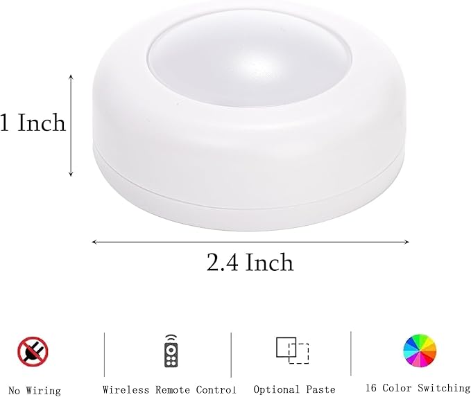 Hbaushun LED Puck Lights 12 Pack,16 Color Changeable Wireless LED Cabinet Lights,Battery Operated Night Light with Dimmer & Timmer for Bedroom,Closet, Kitchen,White