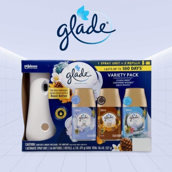 Glade Automatic Spray Variety Pack, 6.2 oz, Aqua Waves, Cashmere Woods & Clean Linen, 8 Ounce (Pack of 1)