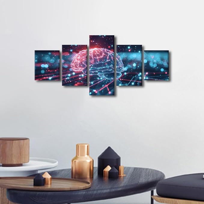 5 Panel Artificial Intelligence Concept with Human Brain Canvas Wall Art for Living Room Digital Brain Wall Decor Hanging AI Picture for Decoration Wall Modern Art Poster and Prints Wall Art 50"Wx24"H