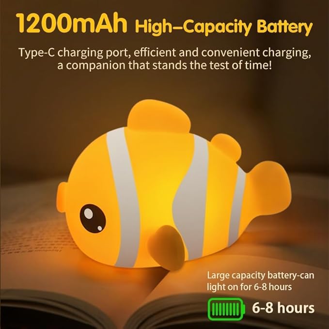 Cute Clownfish Night Light, Rechargeable LED Dimmable Silicone Lamp, Touch Control Novelty Bedside Light for Bedroom, Desk and Room Decor