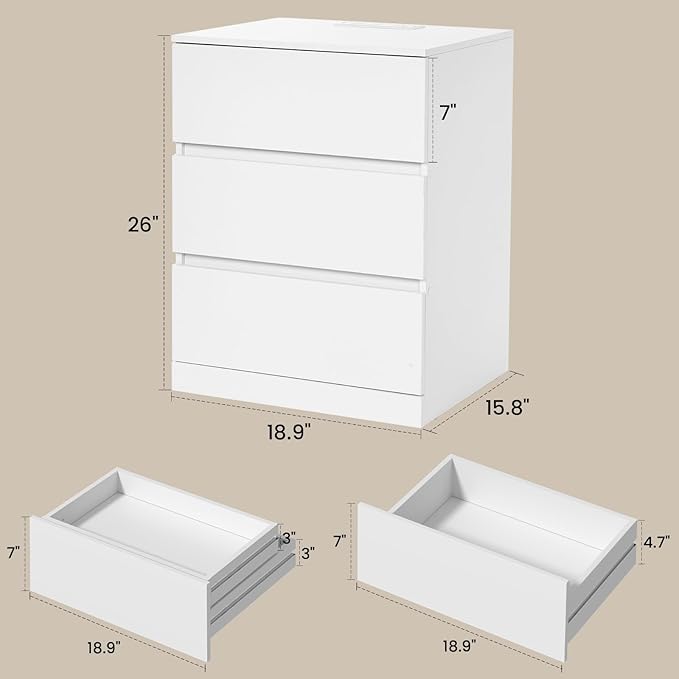 Nightstand Set of 2, 26" H with Hidden Drawer, Bedside Table with Charging Station, 4 Drawers, Modern Night Stand for Bedroom, White