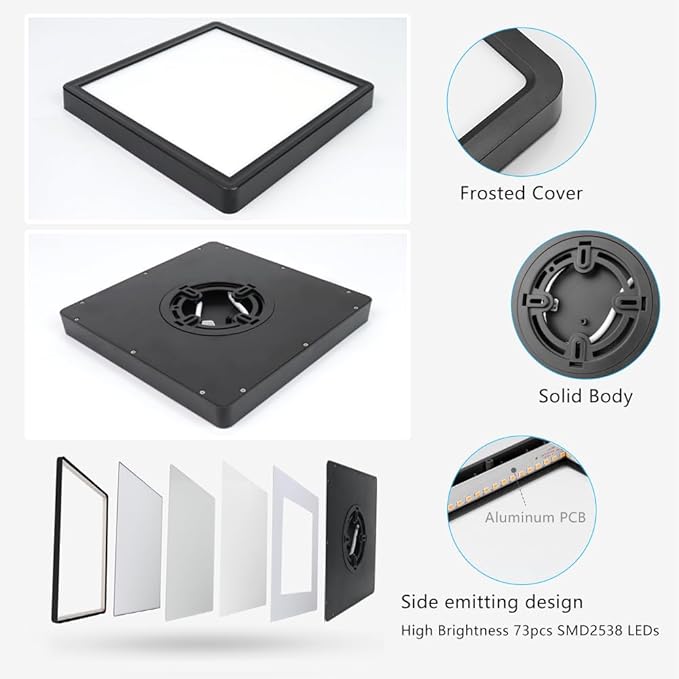 9Inch 18W Square LED Ceiling Light Fixtures Flush Mount, 3000K Warm White LED Ceiling Lamp, Surface Mount Modern Ceiling Lights, Slim Flat Panel Lighting for Bedroom, Kitchen, Bathroom Etc.Black